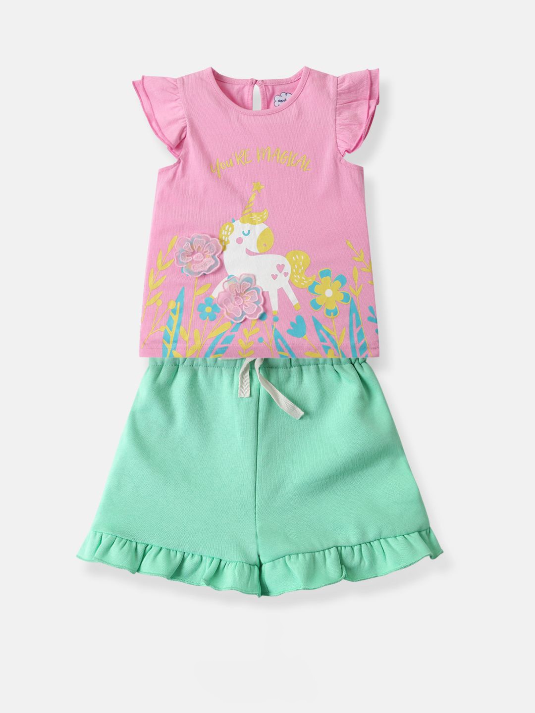 

Nauti Nati Girls Graphic Printed Pure Cotton Ruffle Sleeve Top with Shorts, Pink