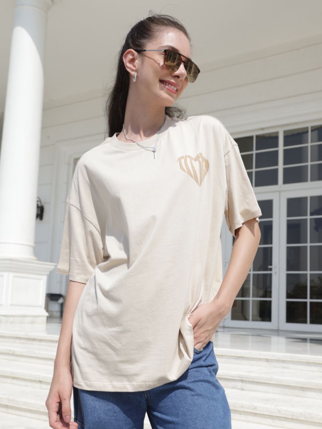 

TITTLI Women Typography Printed Round Neck Cotton Oversized T-shirt, Cream