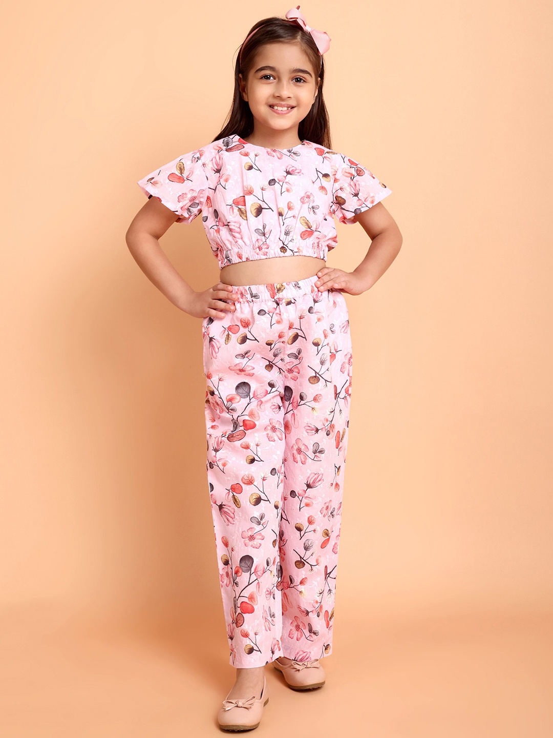 

YK Girls Printed Round Neck Pure Cotton Top With Trousers, Pink
