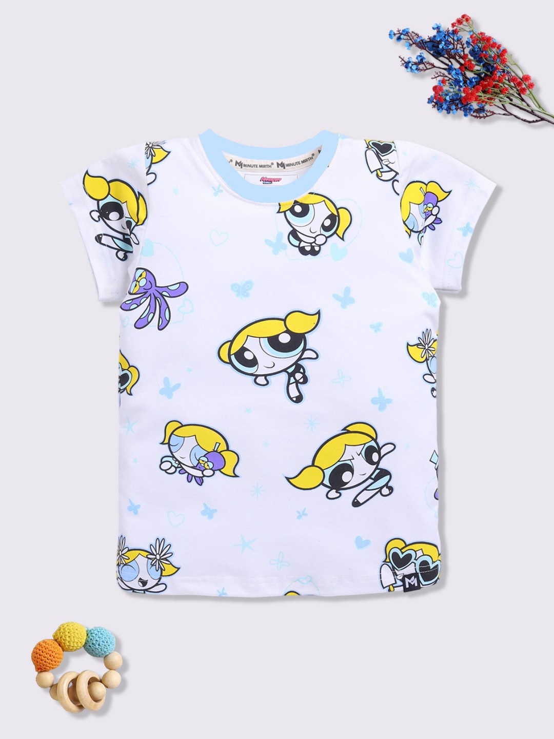 

YK X Minute Mirth Girls Powerpuff Printed Pure Cotton T-shirt, White