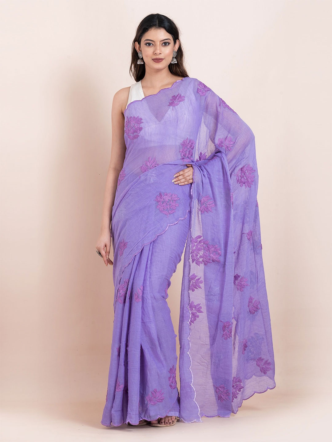 

ShopAaMe Floral Embroidered Pure Cotton Saree, Purple