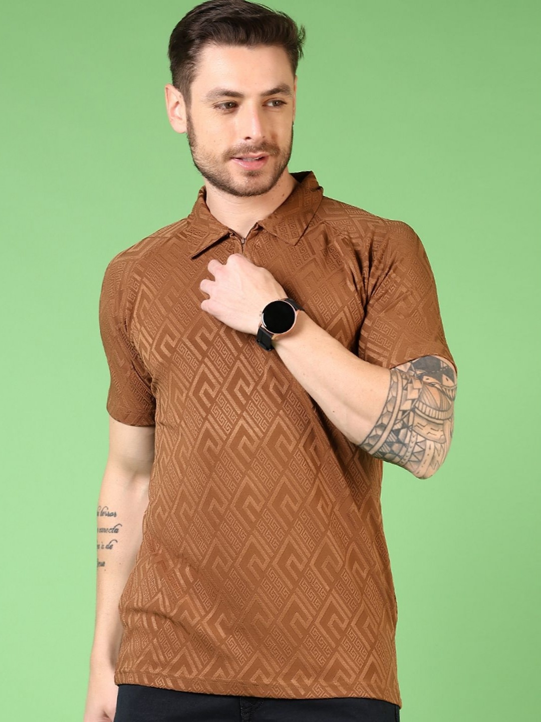 

V-Mart Men Self Design Polo Collar Cotton T-shirt, Brown