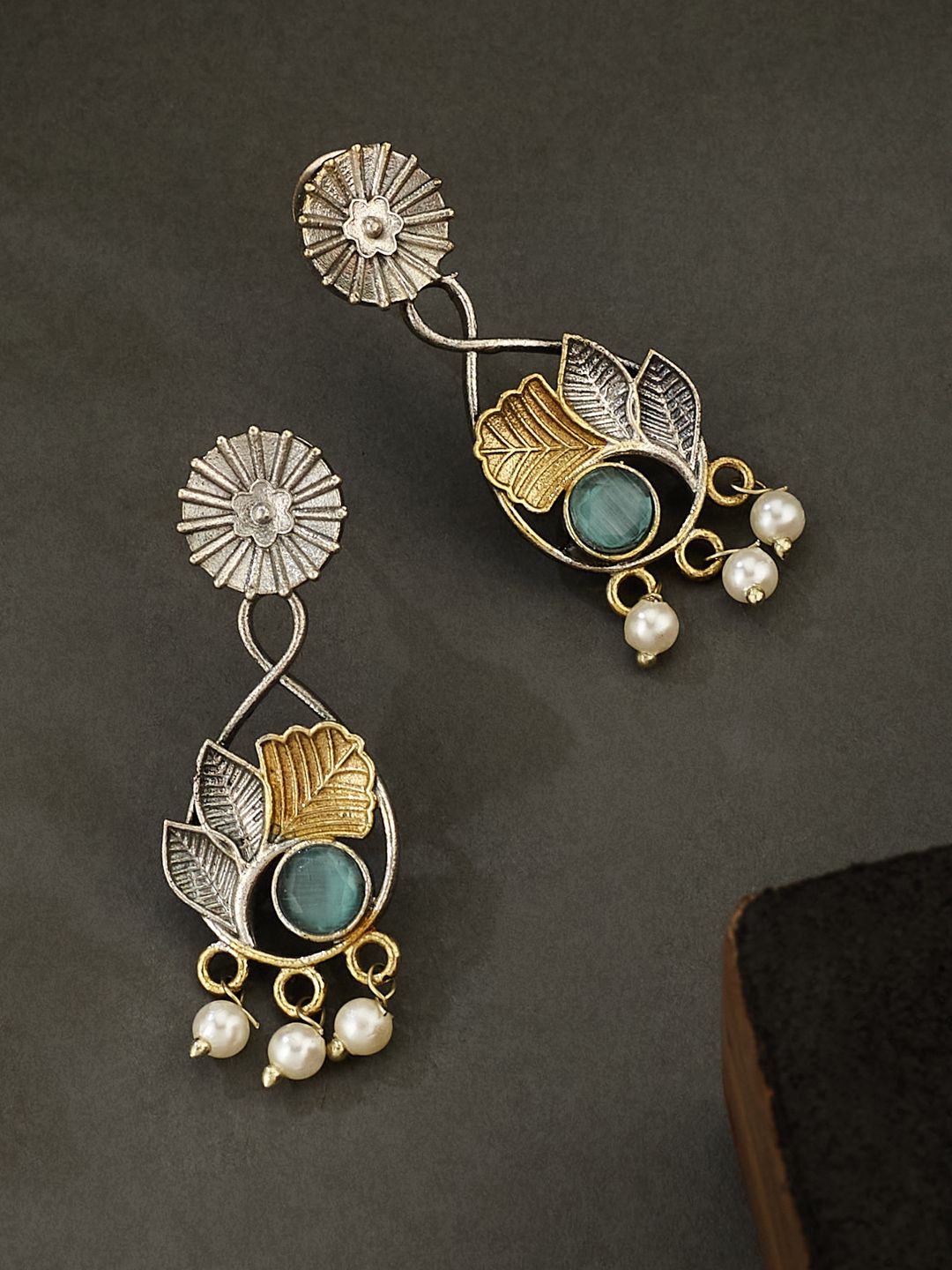 

ATIBELLE German Silver Plated Artificial Stones Studded & Beaded Drop Earrings