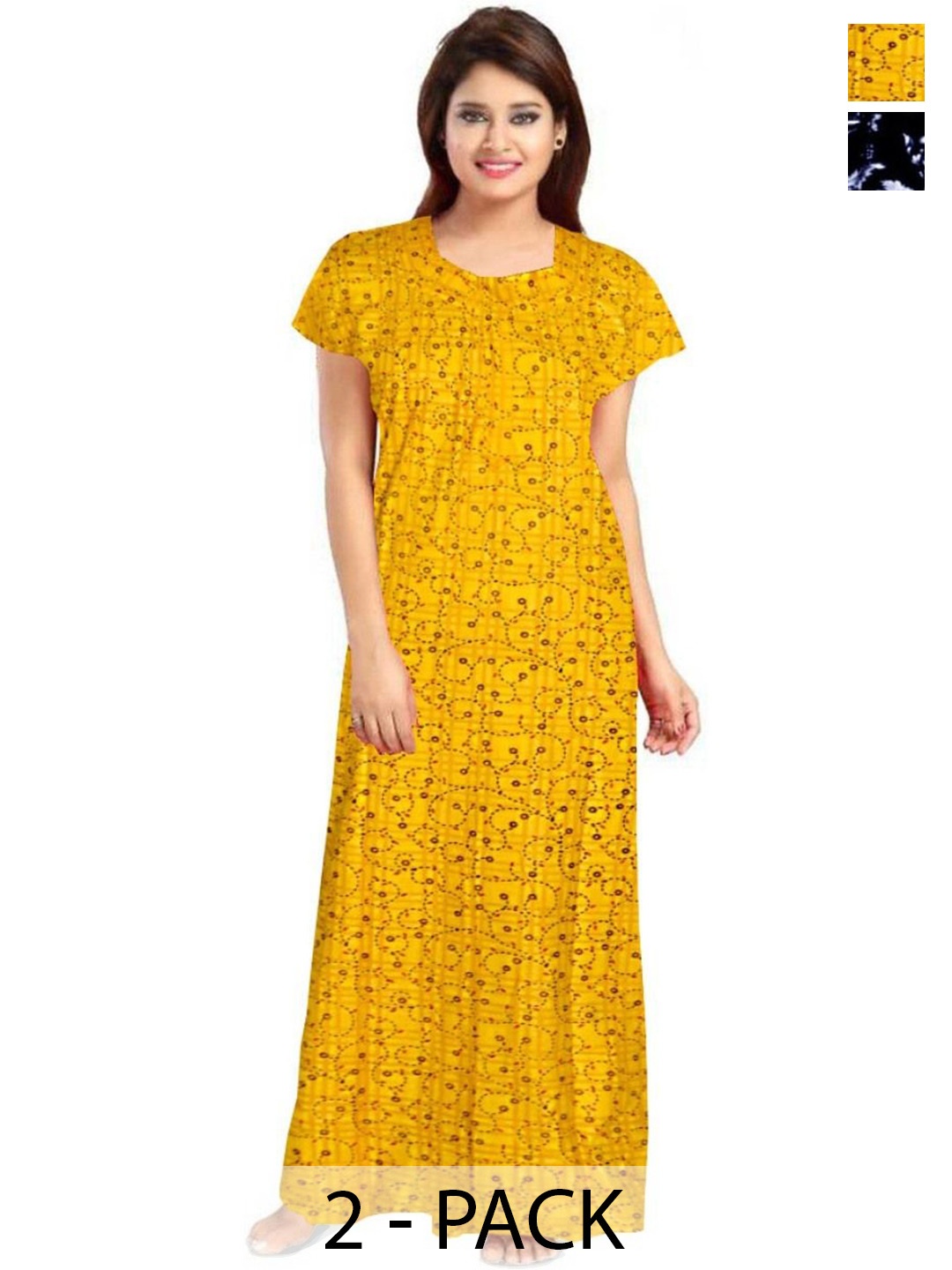 

PR PINK ROYAL Women Pack Of 2 Printed Maxi Nightdress, Yellow