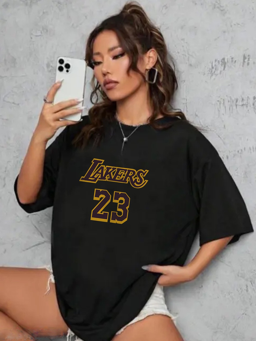 

TOGS & TERRE Women Typography Printed Round Neck Cotton Oversized T-shirt, Black