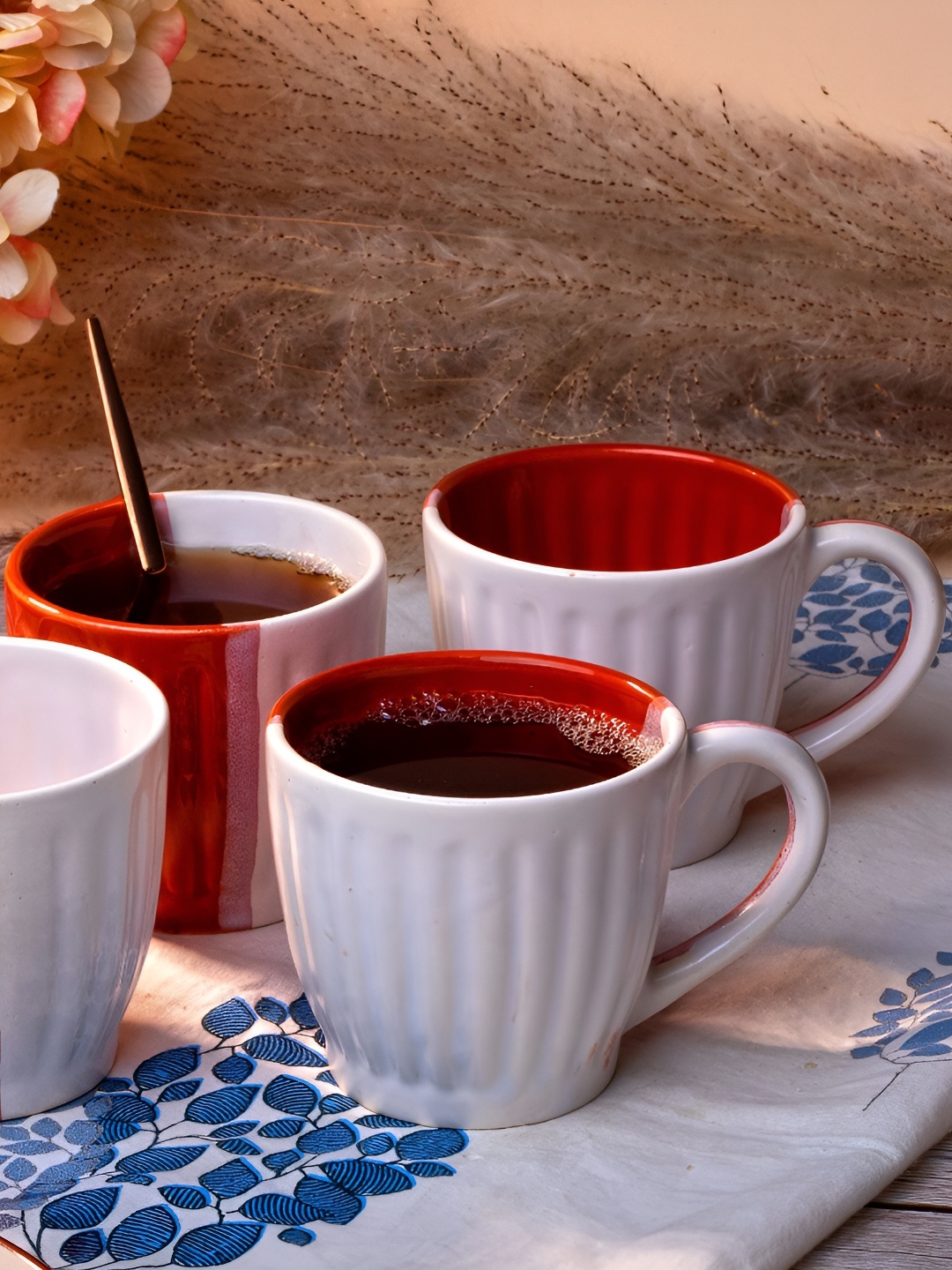 

Storepedia Brown & White 4 Pieces Textured Glossy Ceramic Tea Cups 150 ml Each