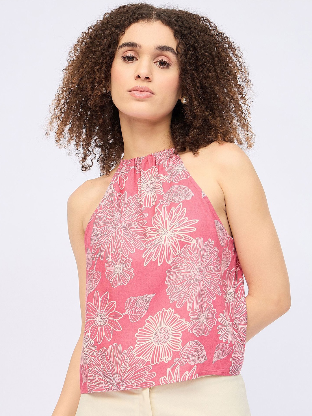 

DressBerry Women Floral Printed Tie-Up Neck Top, Pink