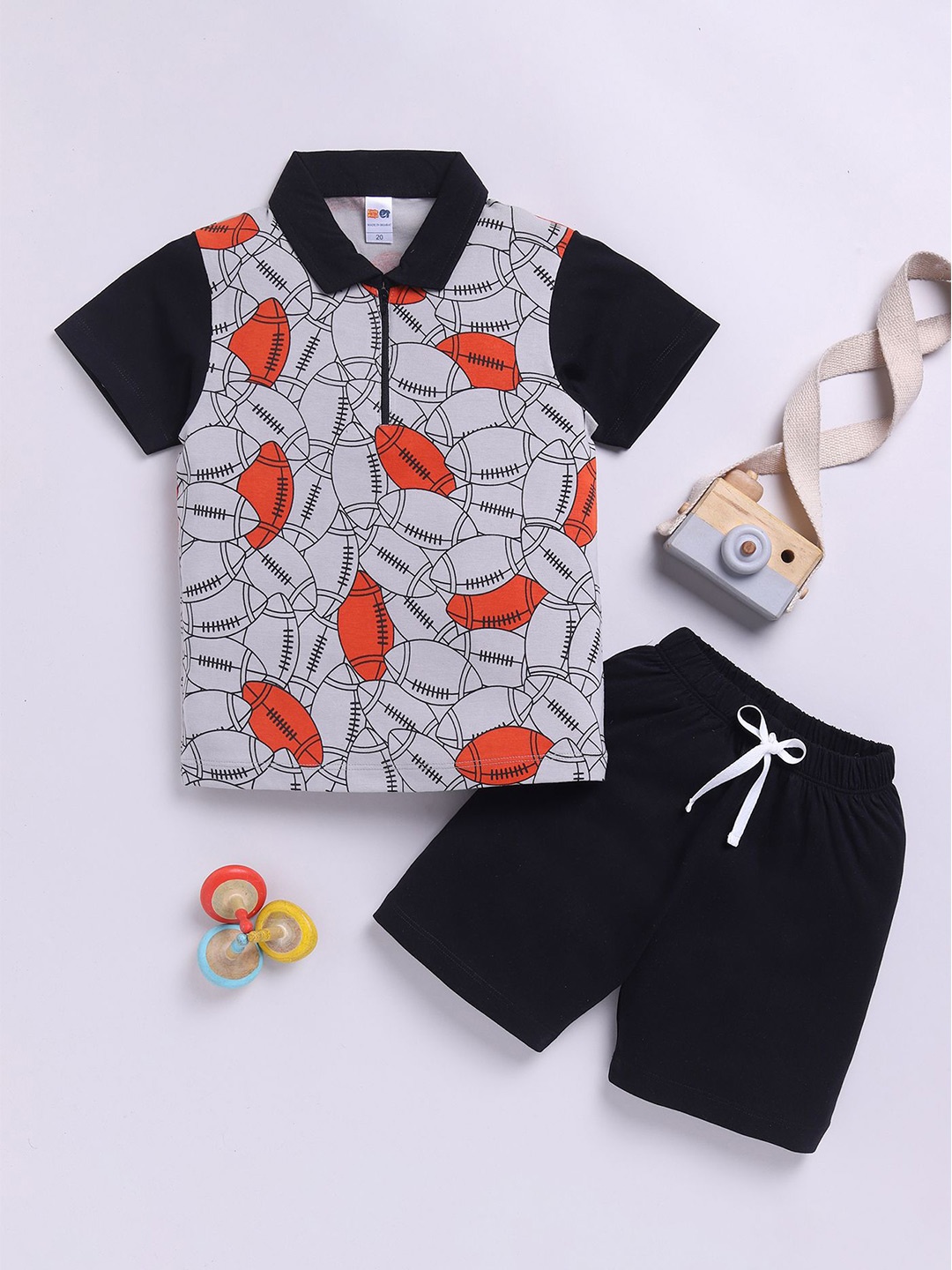 

LITTLE NINJA Boys Printed Polo Collar Pure Cotton T-Shirt With Shorts, Grey
