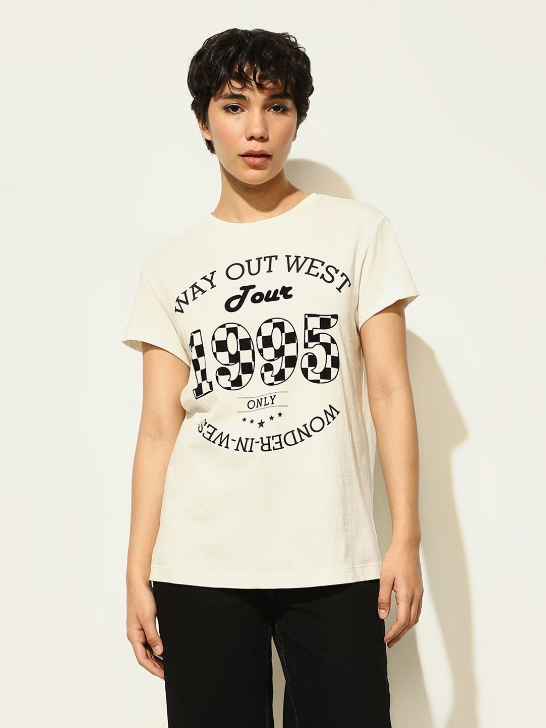 

ONLY Women Typography Printed Round Neck Cotton T-shirt, White