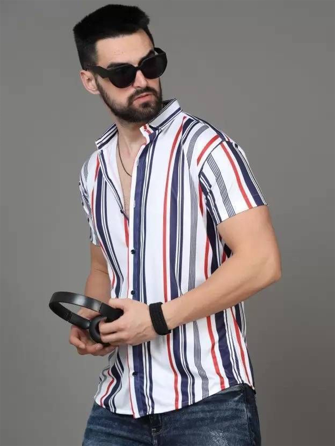 

iCome Men Spread Collar Vertical Striped Cotton Linen Casual Shirt, White