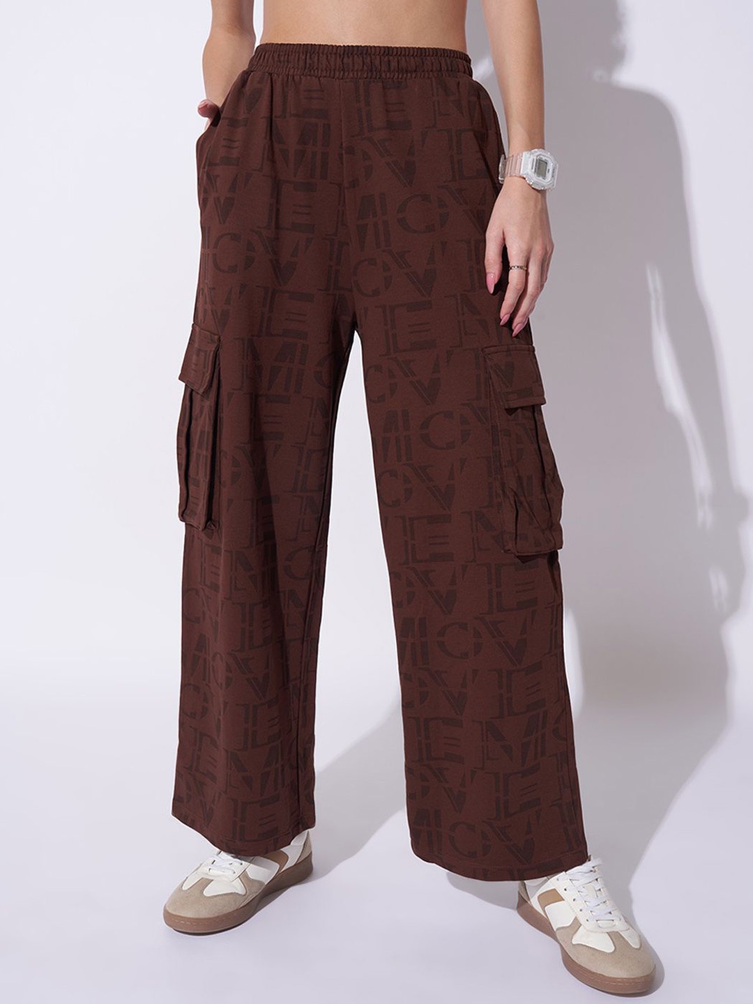 

Ajile by Pantaloons Women Printed Pure Cotton Mid Rise Track Pants, Brown