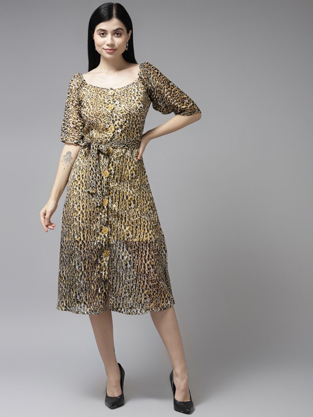 

CORSICA Animal Print Georgette A-Line Midi Dress, Brown