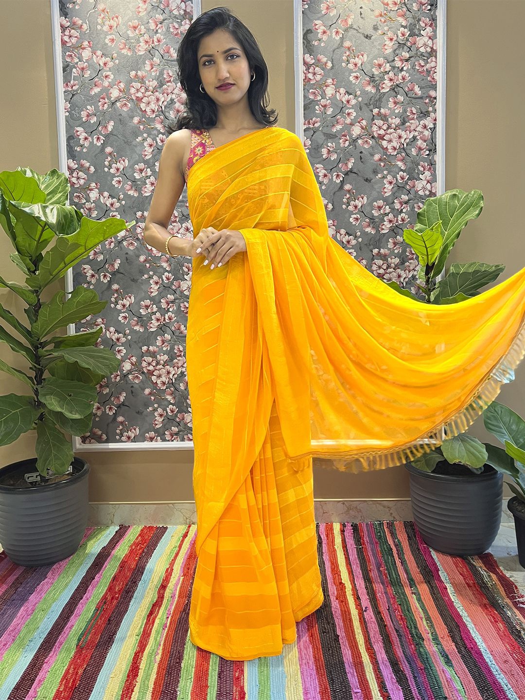 

HELLA FASHIONS Striped Saree, Yellow