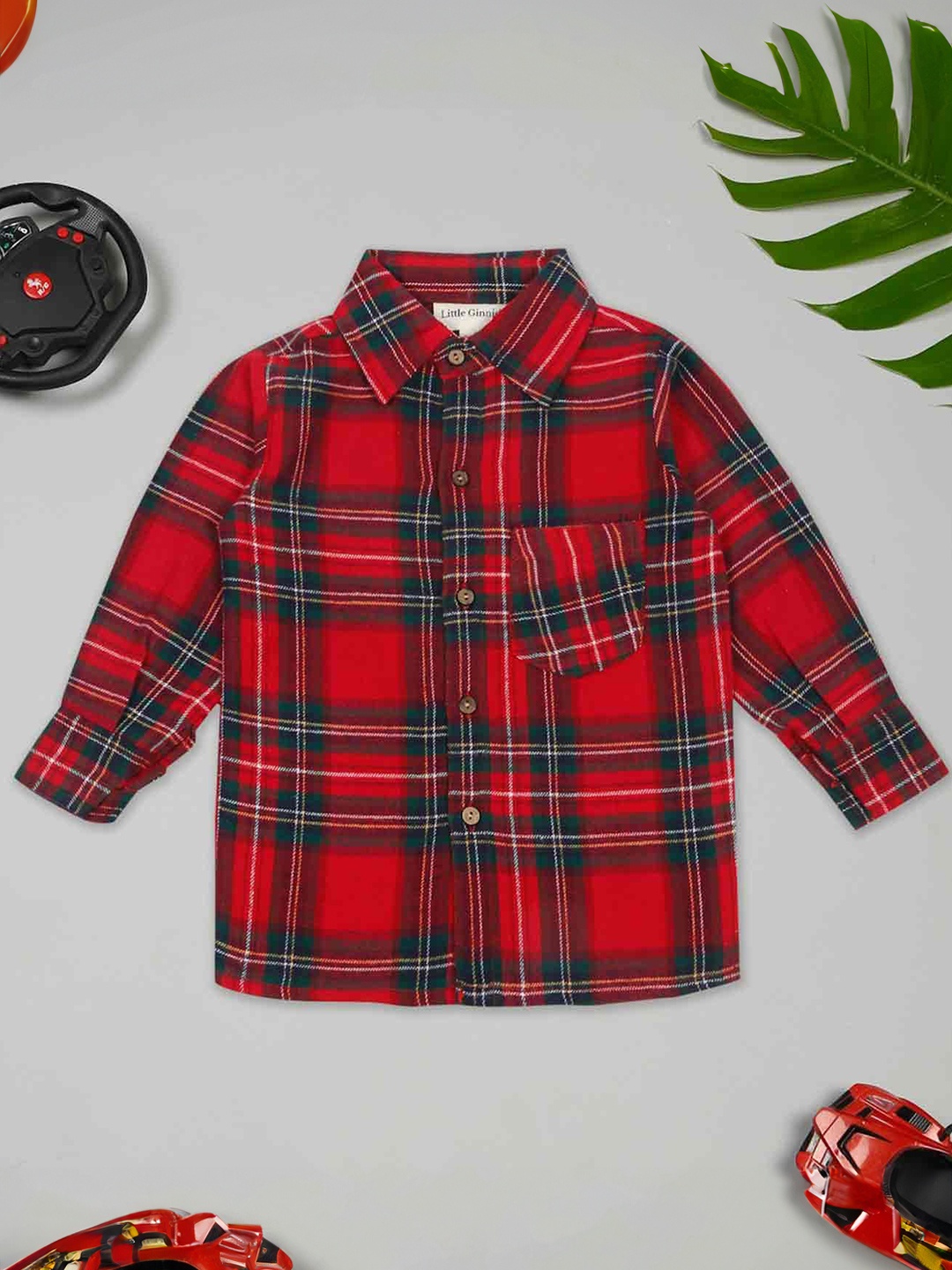 

LITTLE GINNIE Boys Tartan Checked Spread Collar Cotton Casual Shirt, Red