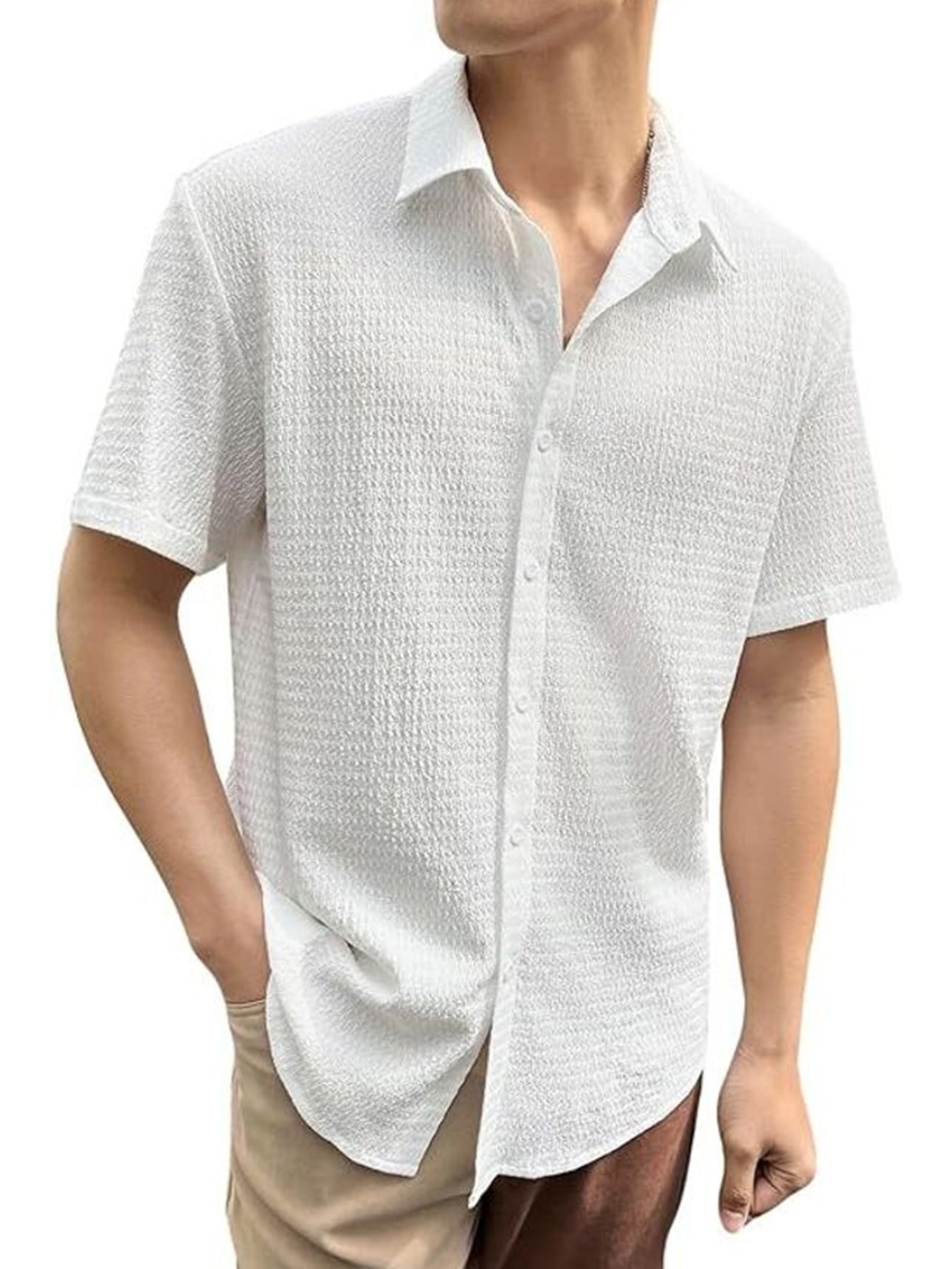

iCome Men Relaxed Fit Spread Collar Textured Casual Shirt, White