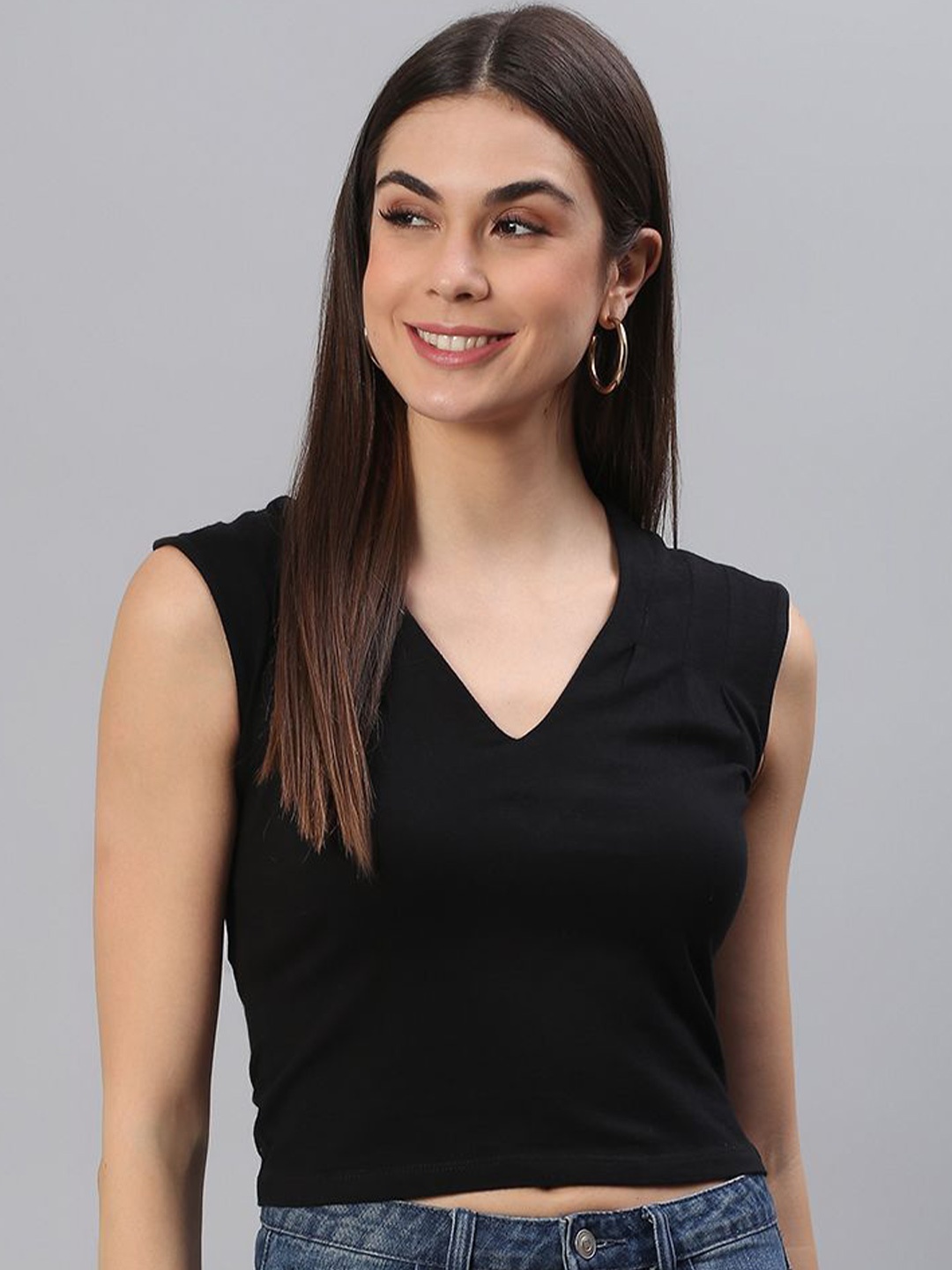 

Moda Rapido Women Cotton V-Neck Fitted Crop Top, Black