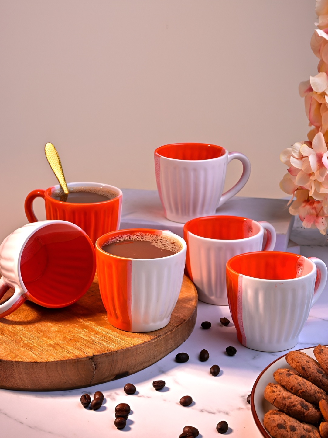 

Storepedia Red & White 6 Pieces Textured Glossy Ceramic Tea Cups 150ml Each