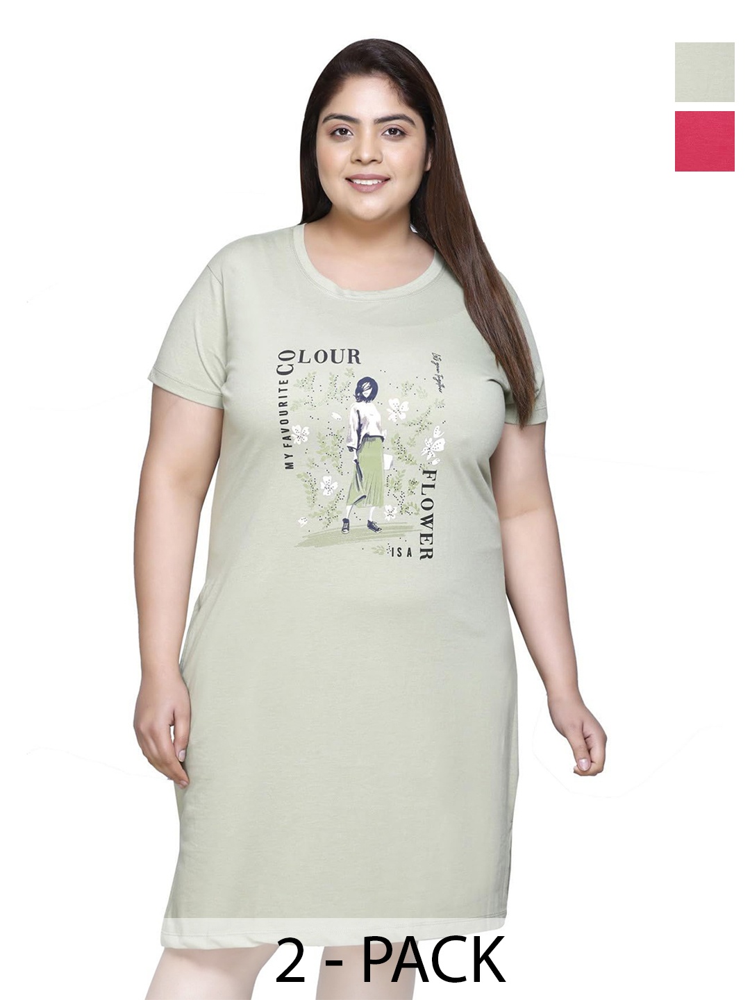 

IN Love Pack of 2 Women Plus Size Front Printed Cotton Nighty Chemise, Green