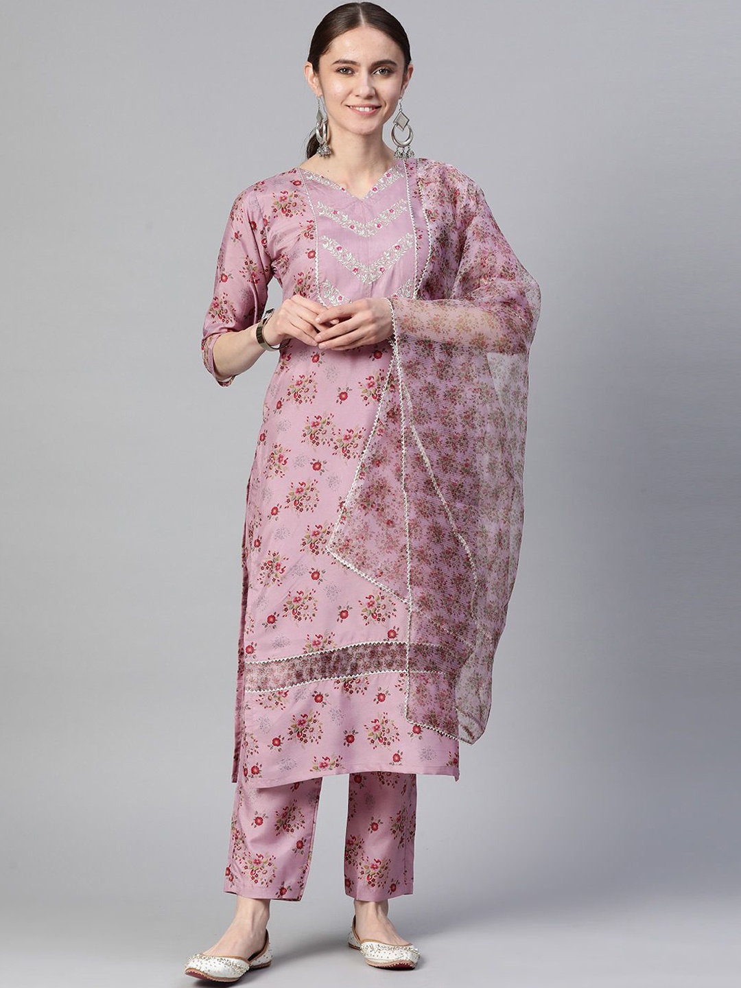 

DIVASTRI Floral Printed Silk Chiffon Kurta with Trousers & Dupatta, Pink