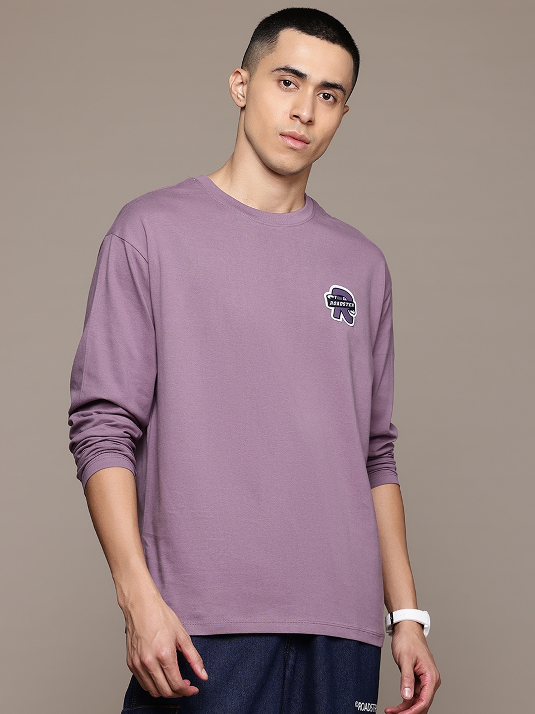 

The Roadster Lifestyle Co. Drop-Shoulder Sleeves Relaxed Fit Pure Cotton T-shirt, Purple