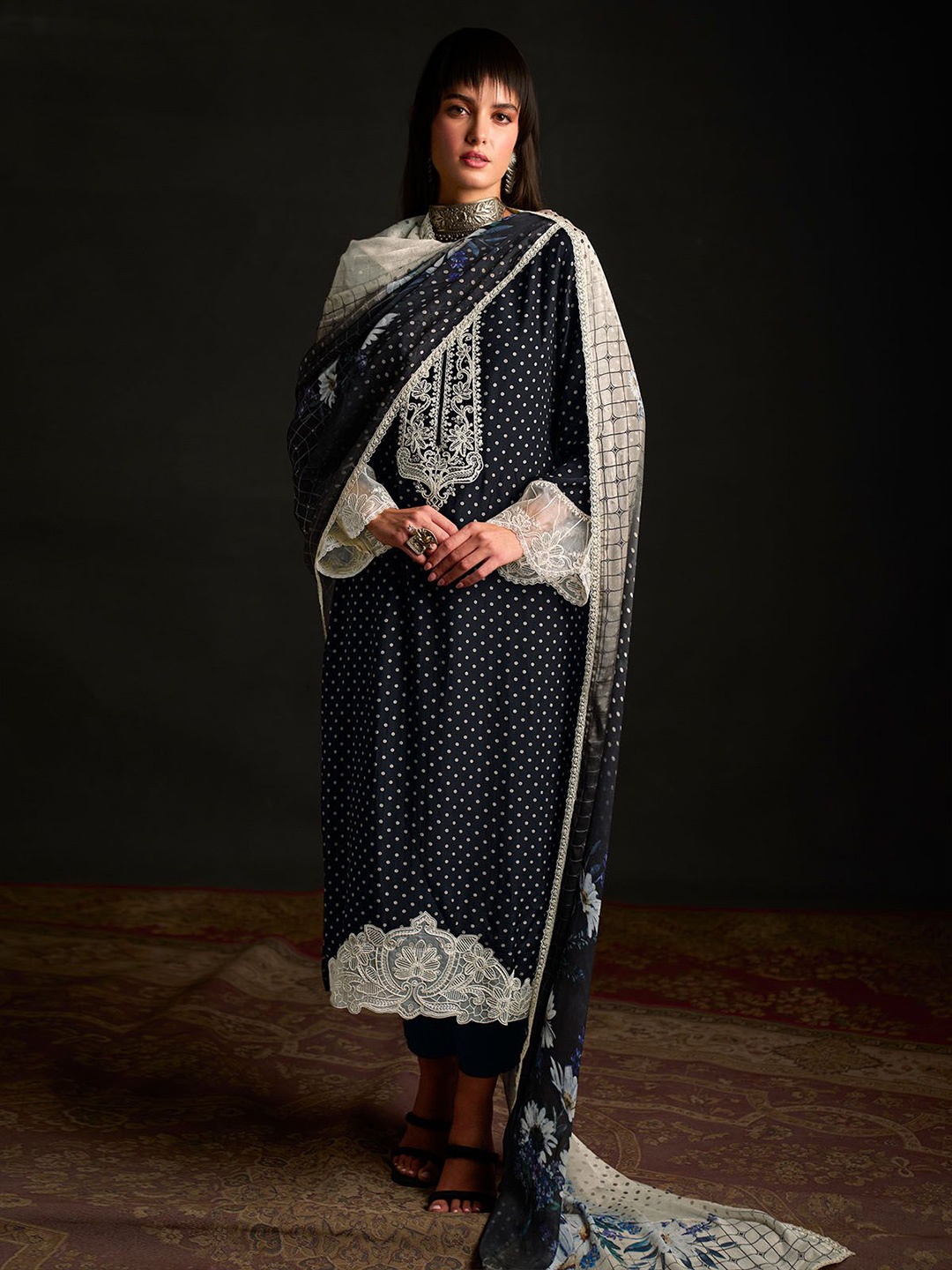 

ODETTE Floral Embroidered Sequinned Straight Kurta with Trousers & Dupatta, Black