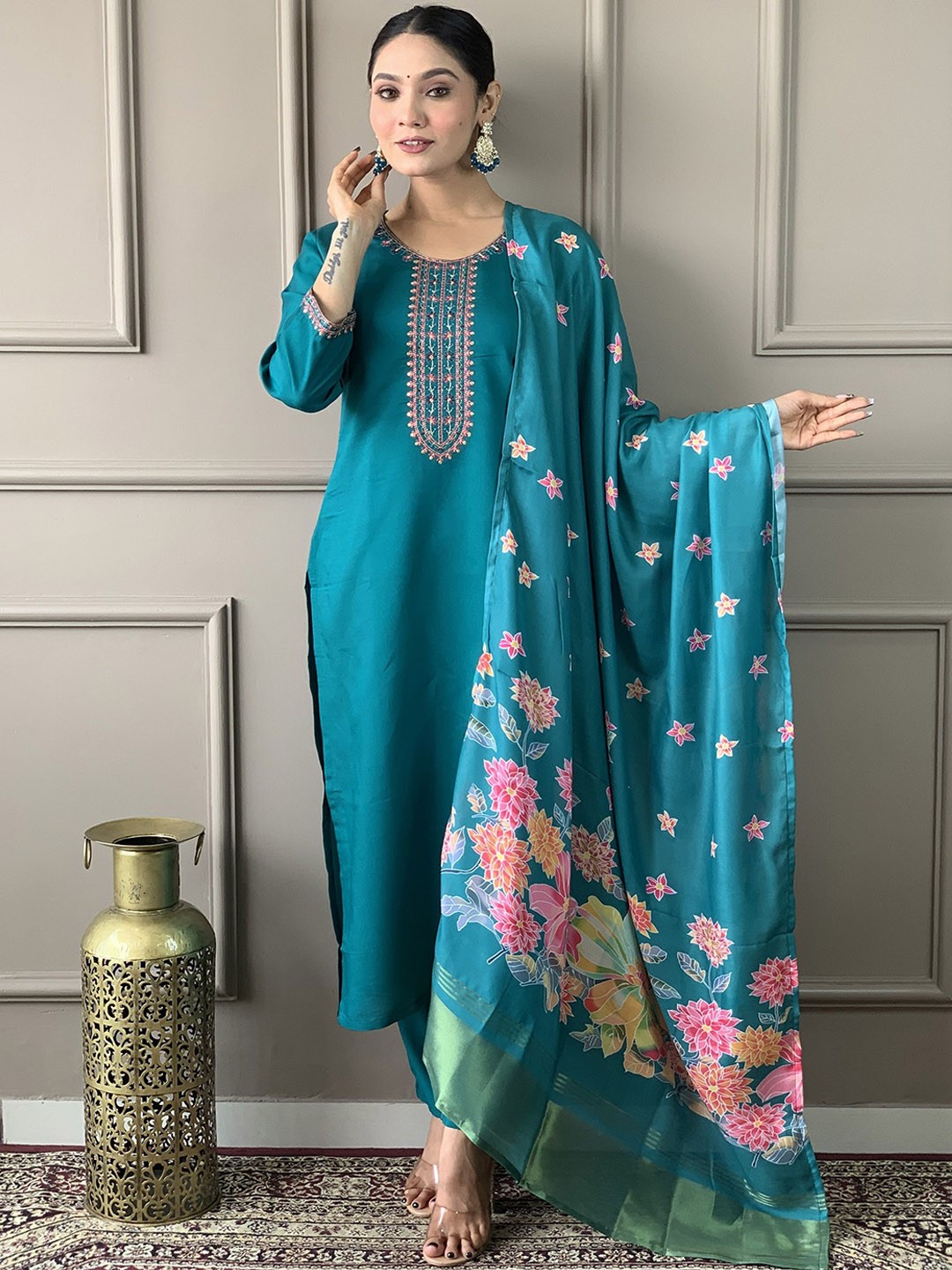 

Kurti Culture Floral Embroidered Thread Work Kurta With Trousers & Dupatta, Blue