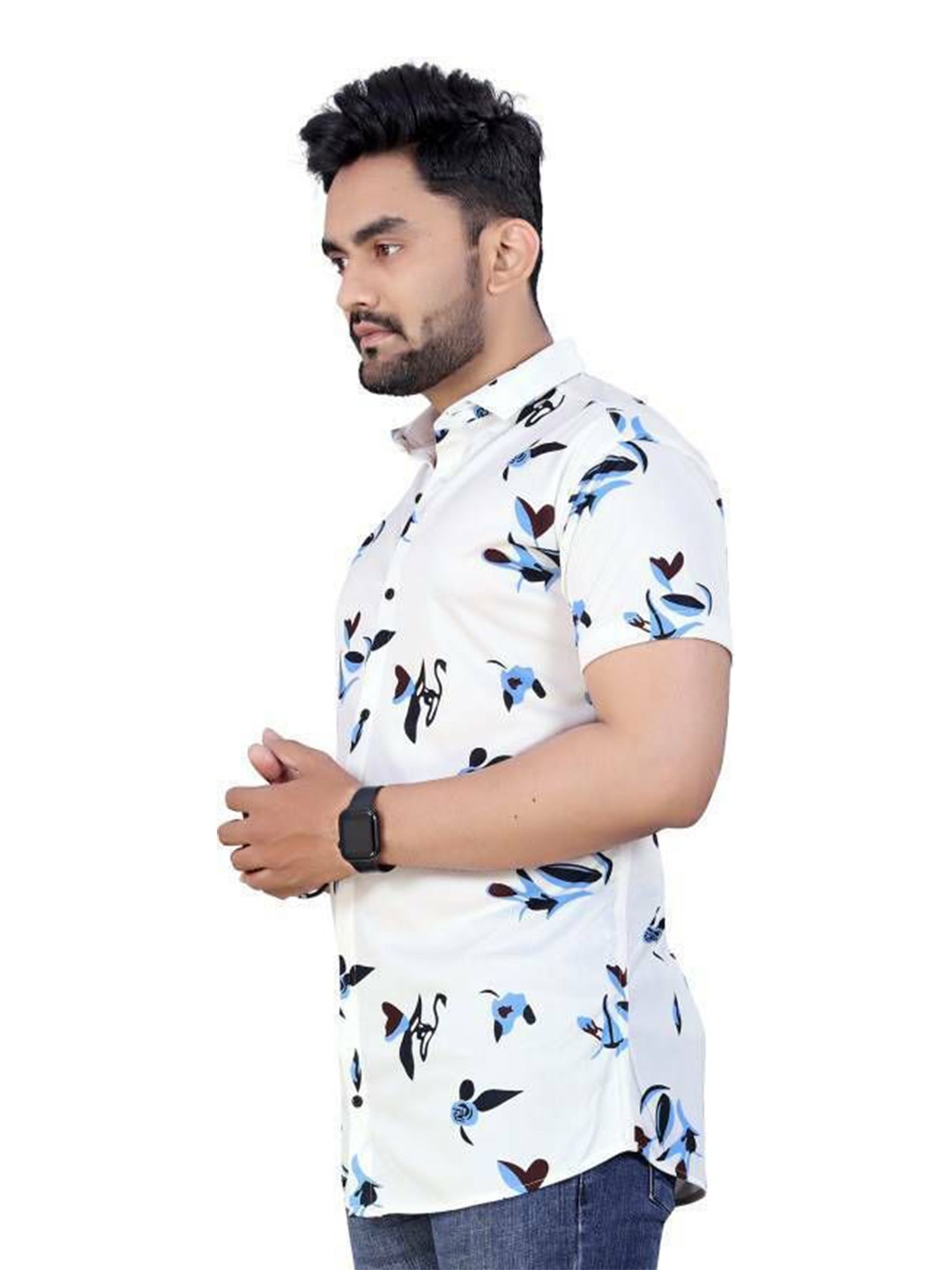 

iCome Men Spread Collar Floral Printed Cotton Linen Casual Shirt, White