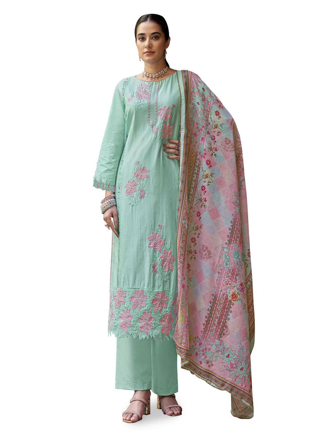 

DRAVINAM Trends Floral Embroidered Pure Cotton Unstitched Dress Material, Green