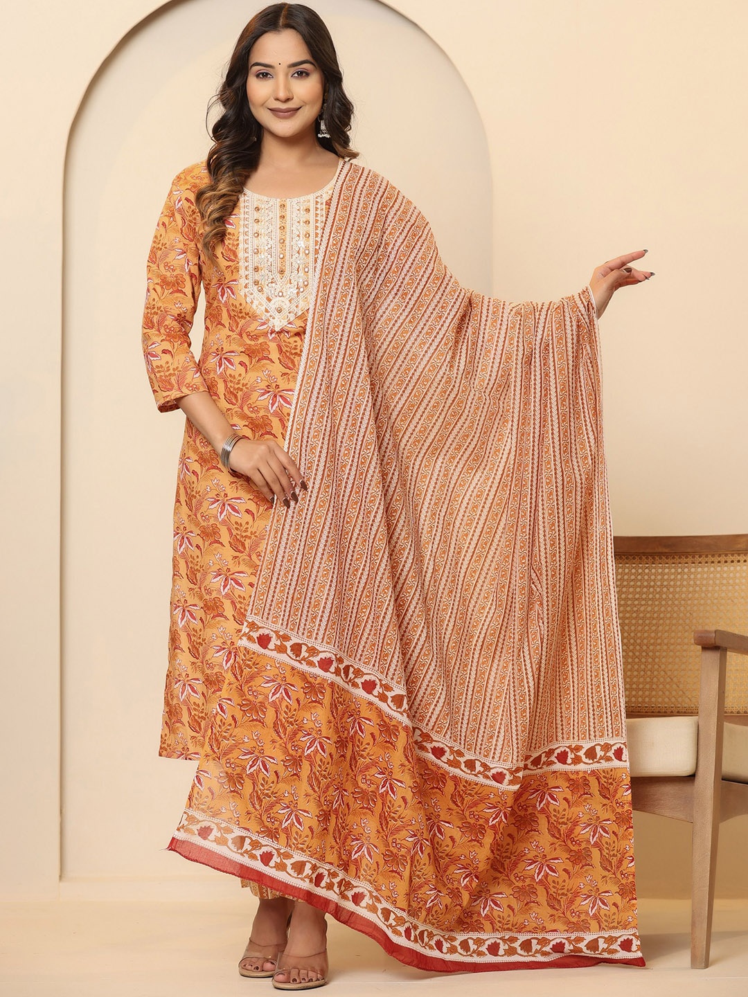 

PRIVIE Floral Printed Regular Pure Cotton Straight Kurta with Trousers & Dupatta, Orange