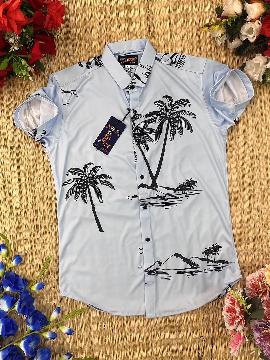 

iCome Men Spread Collar Floral Printed Casual Shirt, Blue