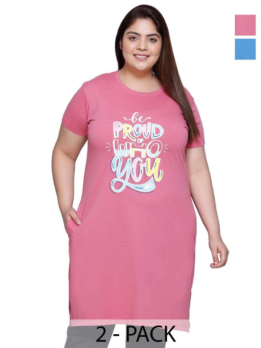 

IN Love Pack of 2 Women Plus Size Graphic Printed T-shirt Nightdress, Blue