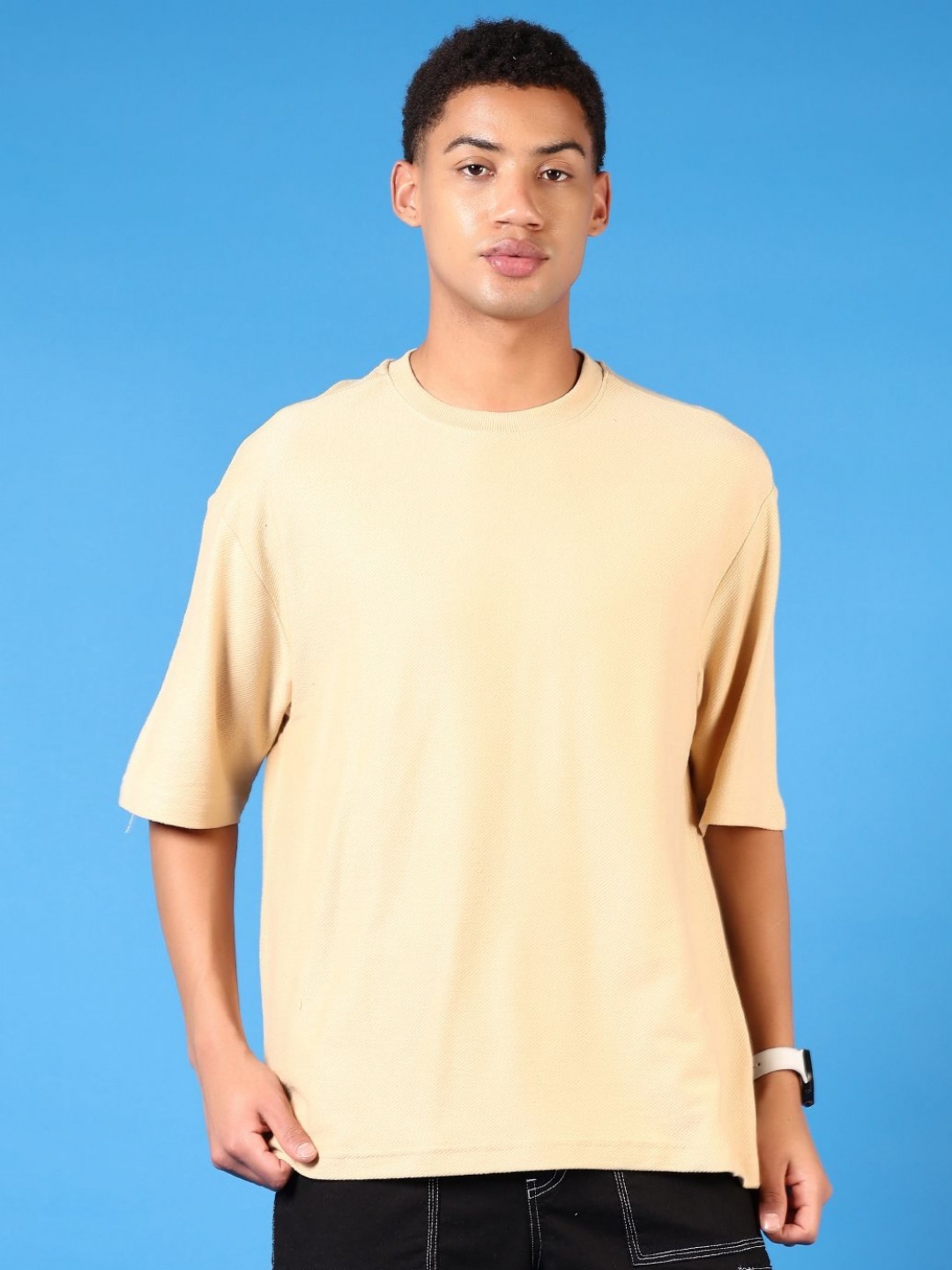 

V-Mart Men Solid Round Neck Cotton Oversized T-shirt, Beige
