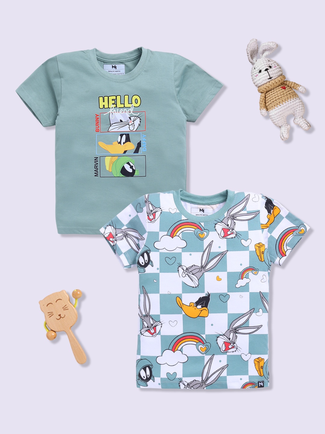 

YK X Minute Mirth Boys Set of 2 Looney Tunes Printed Pure Cotton T-shirts, Sea green