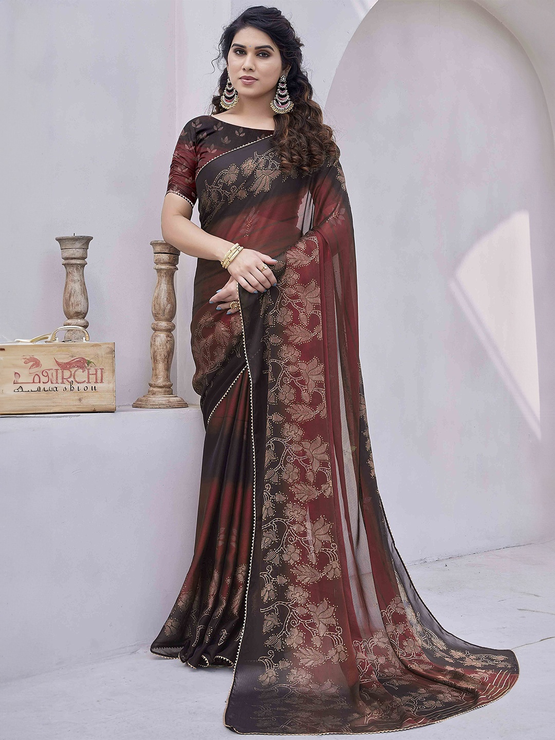 

MIRCHI FASHION Floral Printed Ready to Wear Saree, Maroon