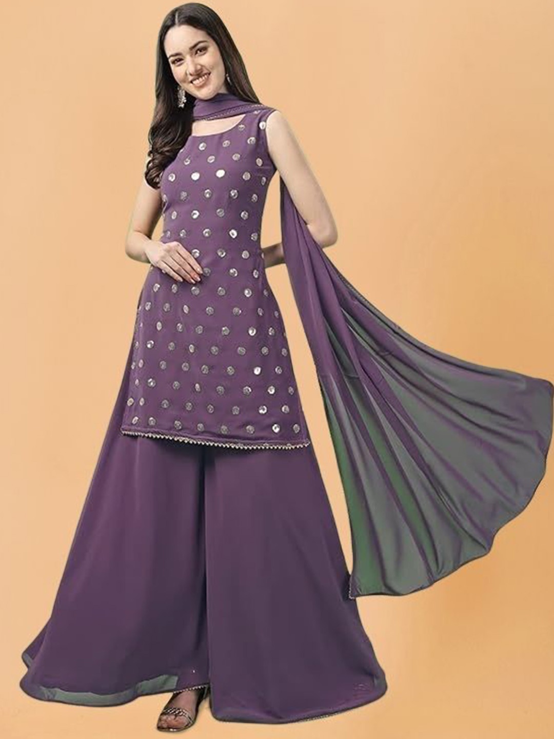 

PARROT CREATION Women Embroidered Regular Sequinned Kurti with Sharara & With Dupatta, Lavender