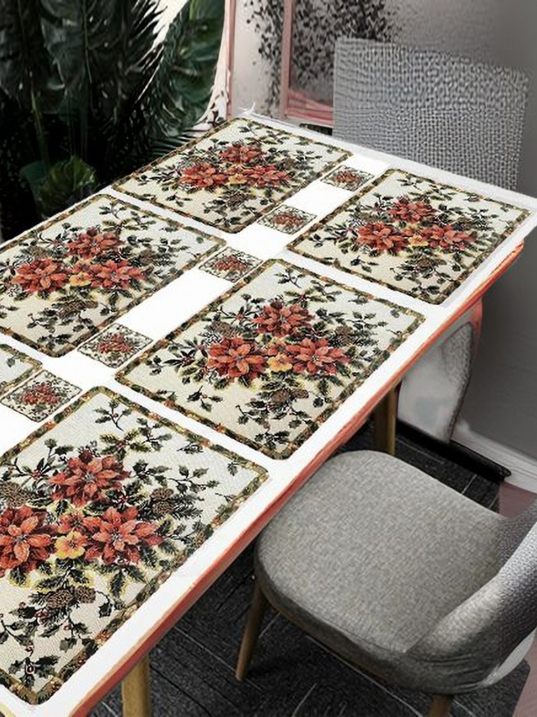 

REVEXO Red & Green 12 Pcs Floral Printed Rectangular Shaped Coasters & Table Placemats