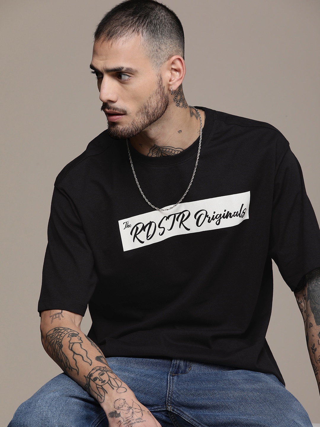 

The Roadster Life Co. Brand Logo Printed Pure Cotton T-shirt, Black