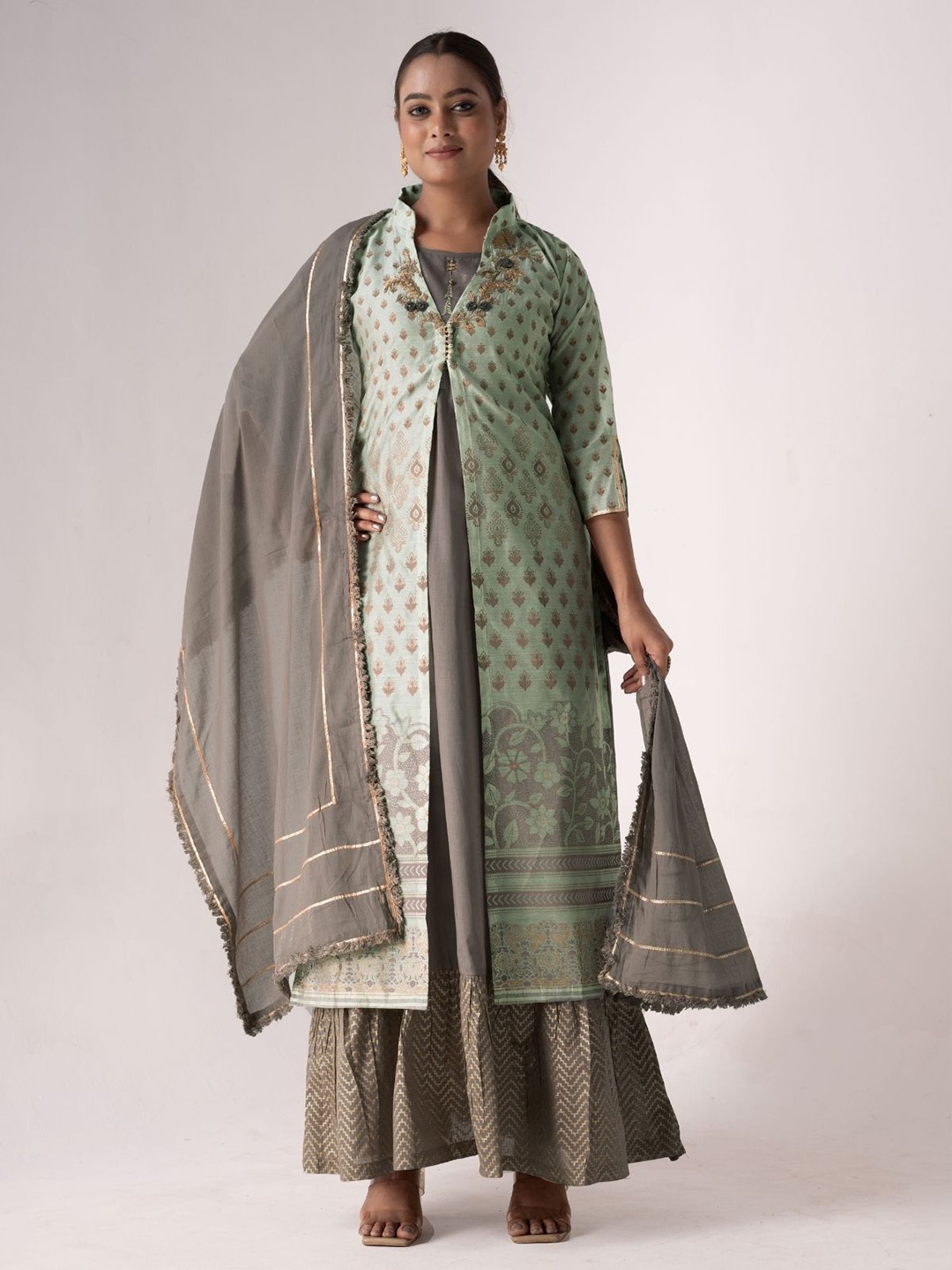 

Odette Grey & green Art Silk Floral Printed & Embroidered Semi-Stitched Dress Material