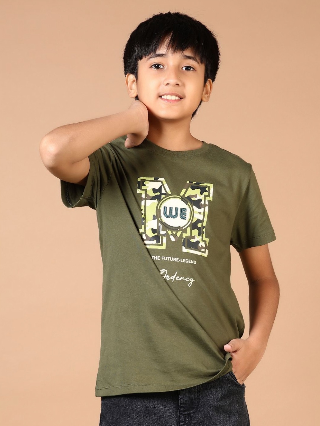 

V-Mart Boys Typography Printed Round Neck Cotton T-shirt, Olive