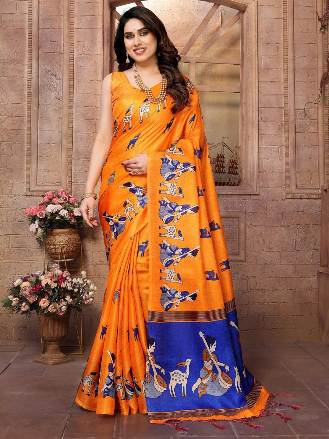 

KALINI Kalamkari Printed Saree, Orange