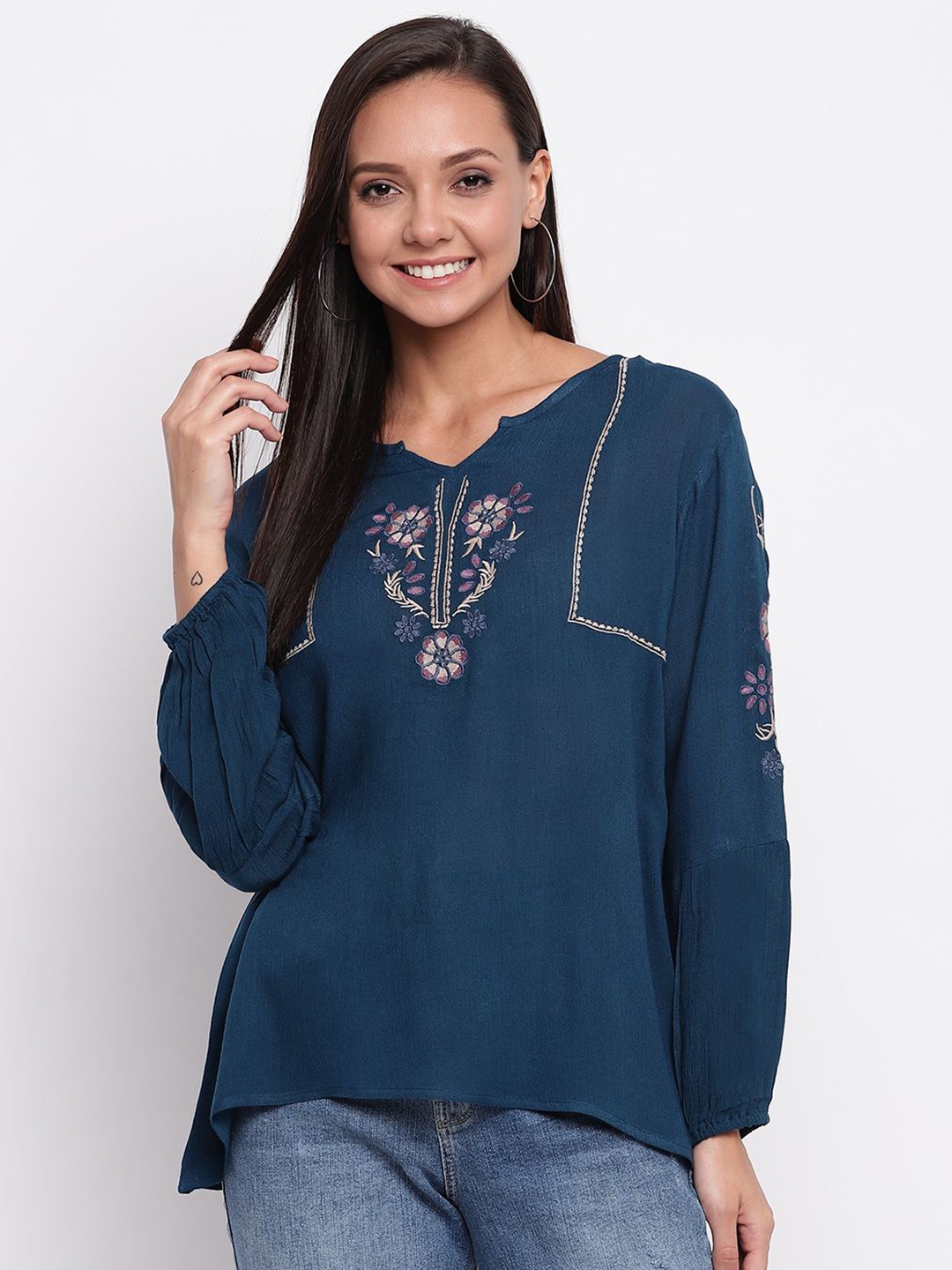 

DressBerry Women Floral Printed V-Neck Top, Navy blue