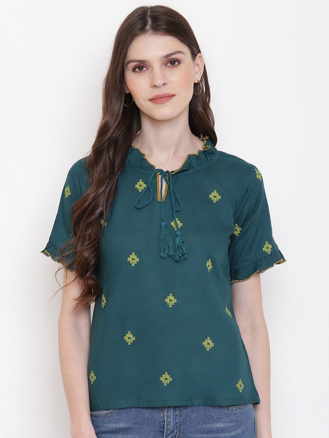 

DressBerry Print Tie-Up Neck Top, Teal