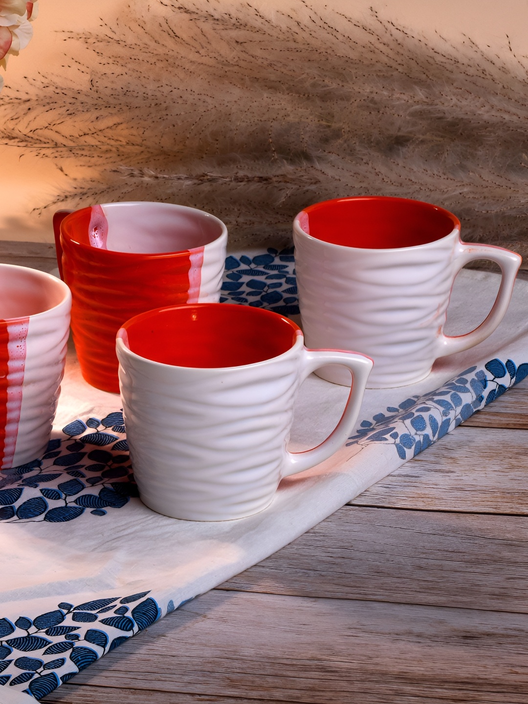 

Storepedia White & Red 4 Pieces Textured Glossy Ceramic Tea Cups 150ml Each