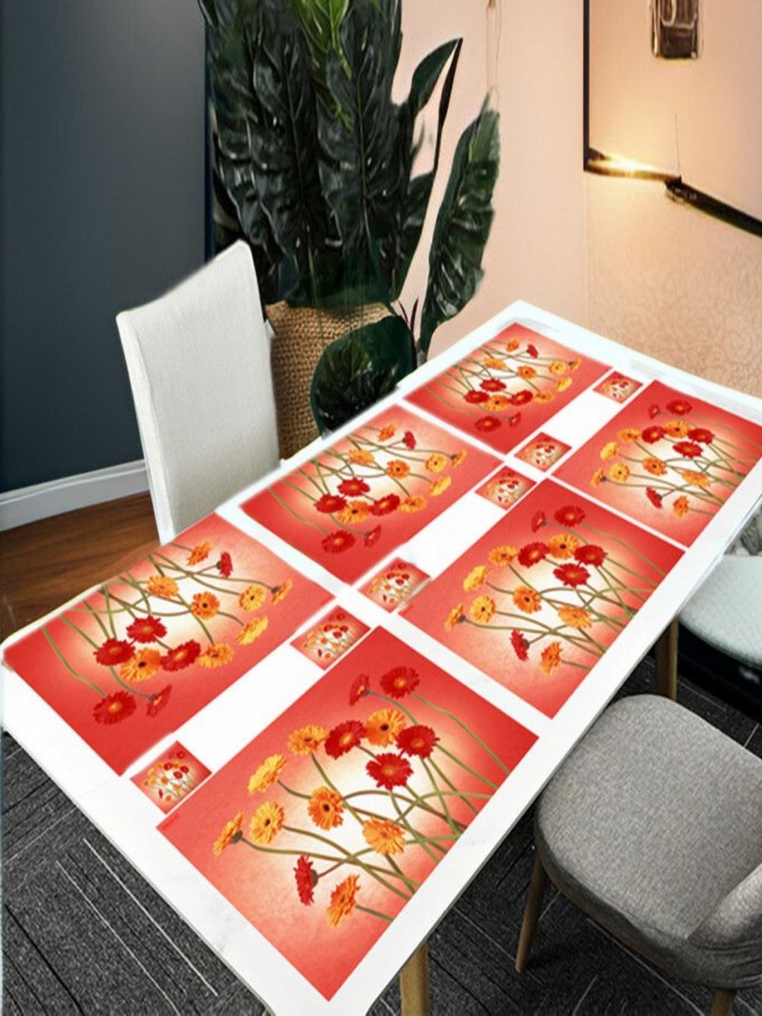 

REVEXO Red & Yellow 12 Pieces Floral Printed Rectangular Shaped Coasters & Table Placemats