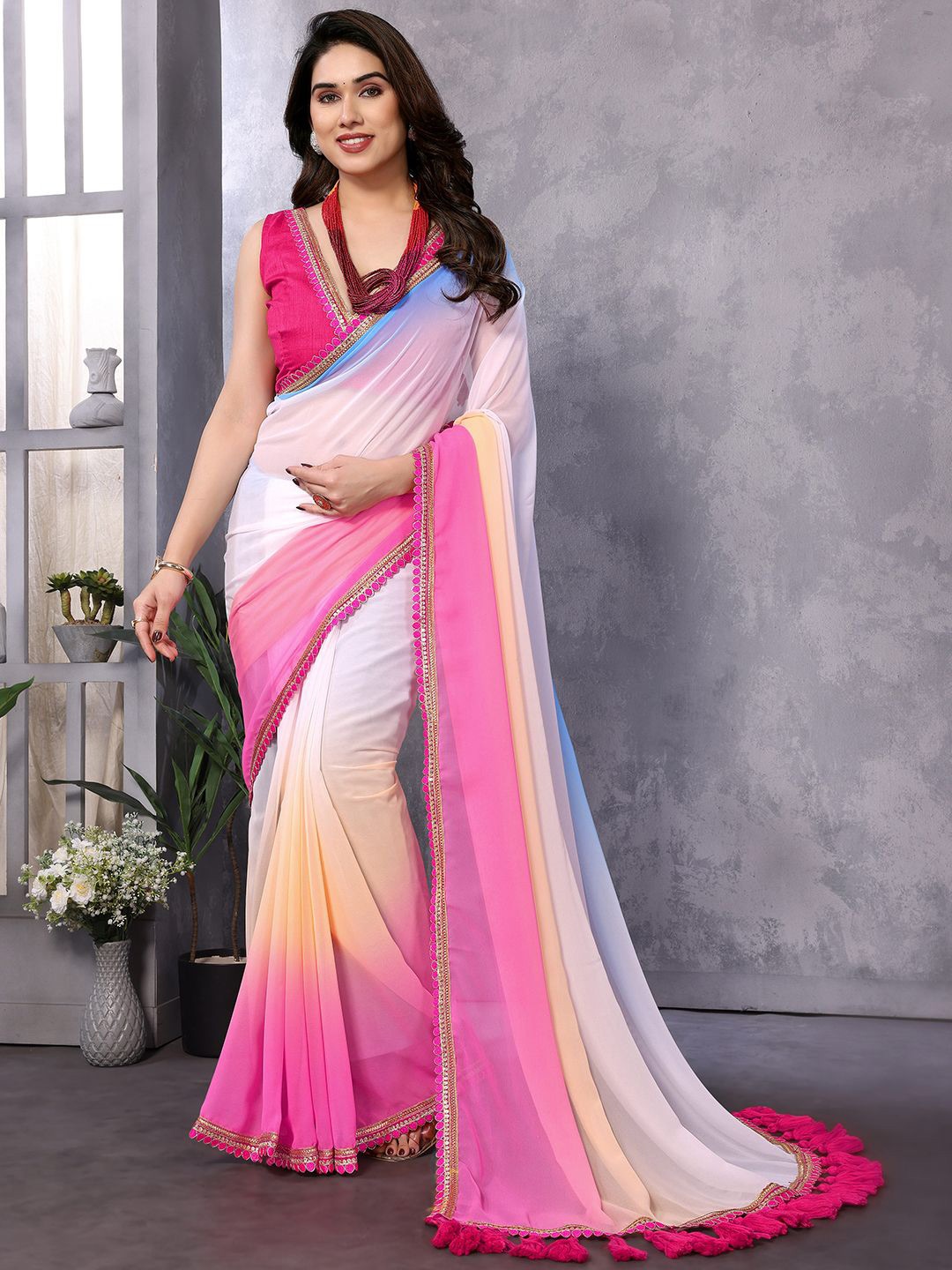 

LeeliPeeri Designer Embroidered Ombre Poly Georgette Saree, Pink