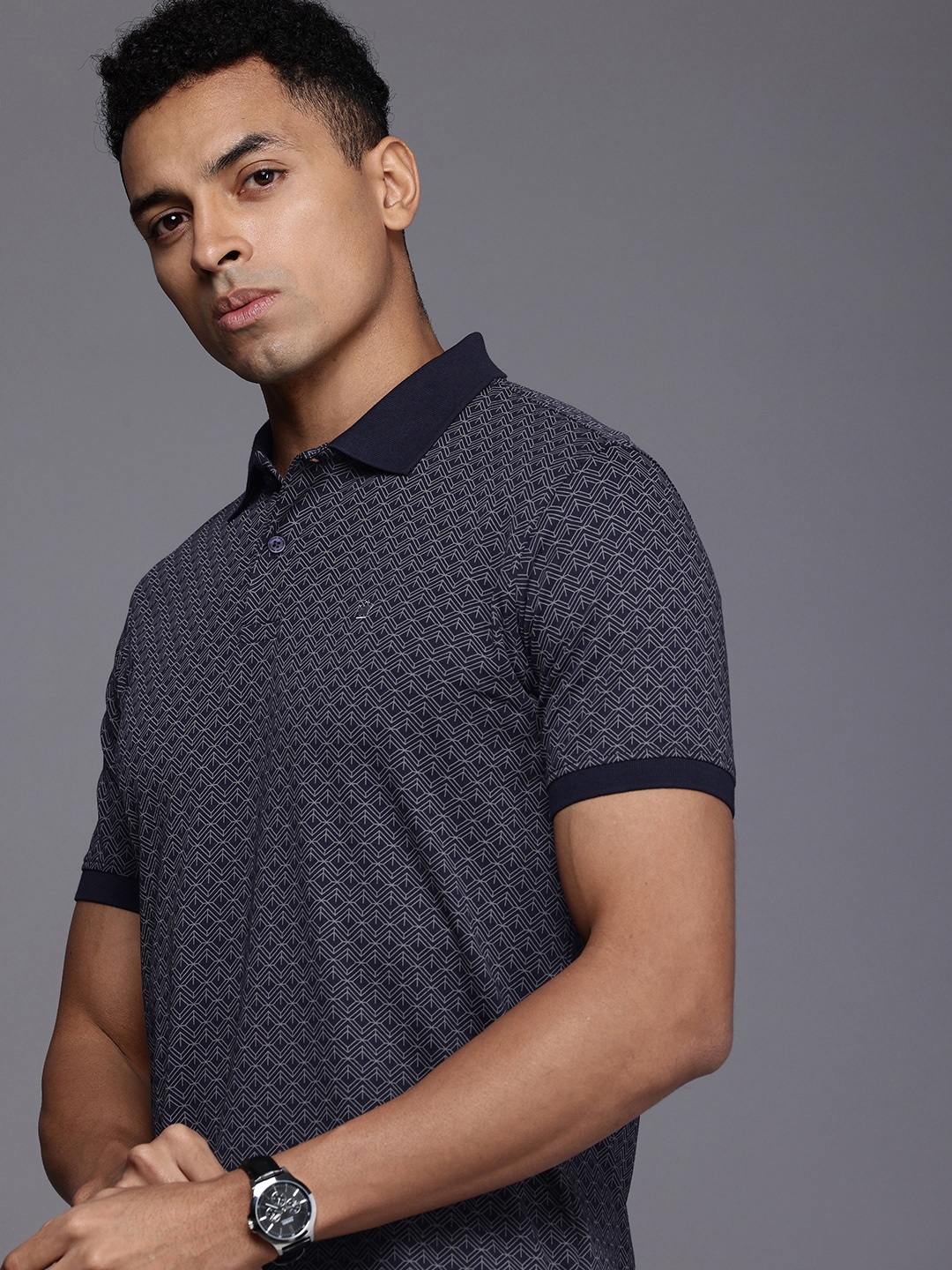 

Louis Philippe Geometric Printed Polo Collar Pure Cotton T-shirt, Navy blue