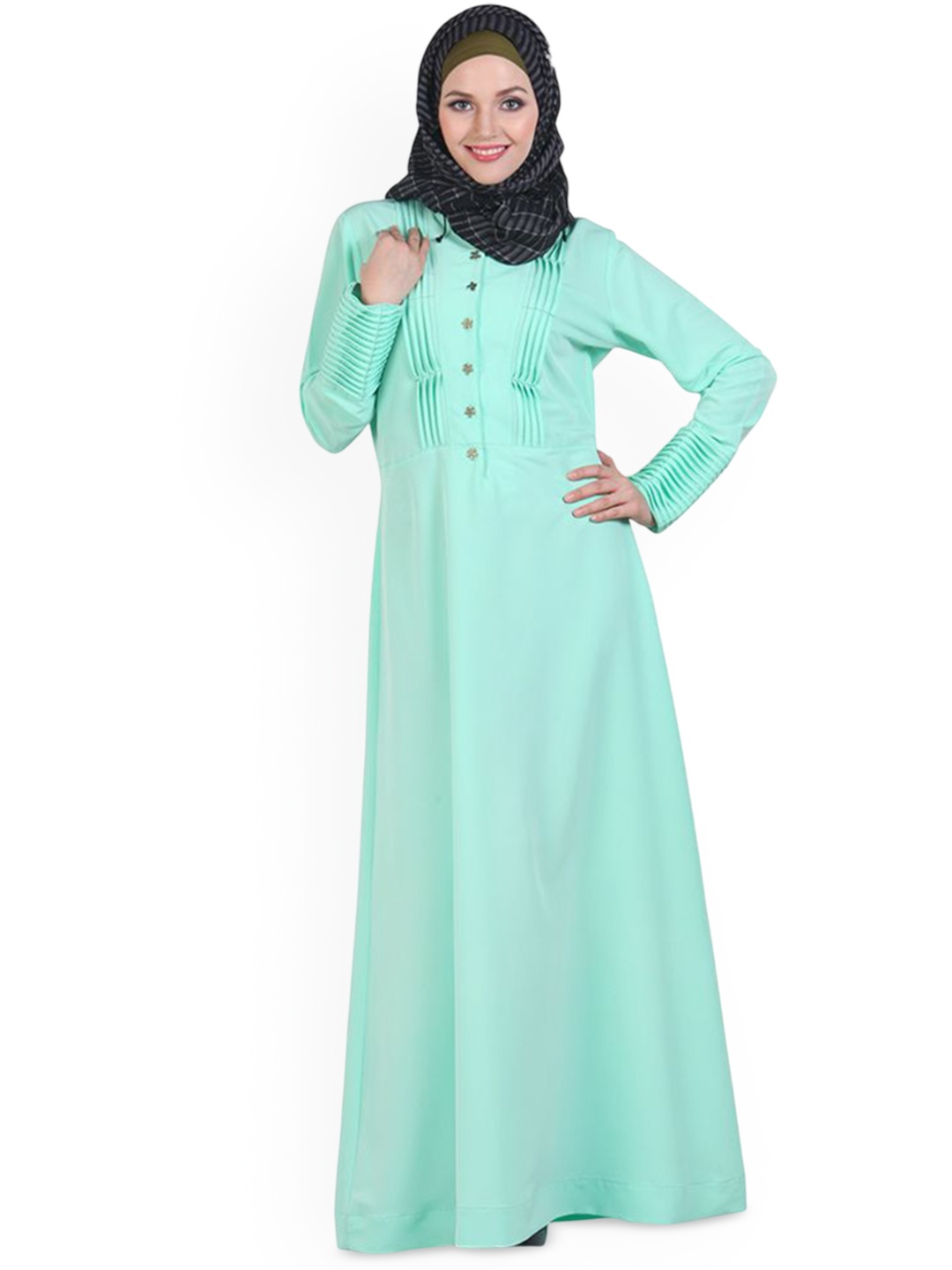 

MOMIN LIBAS Front Button Pleated Abaya Burqa, Green