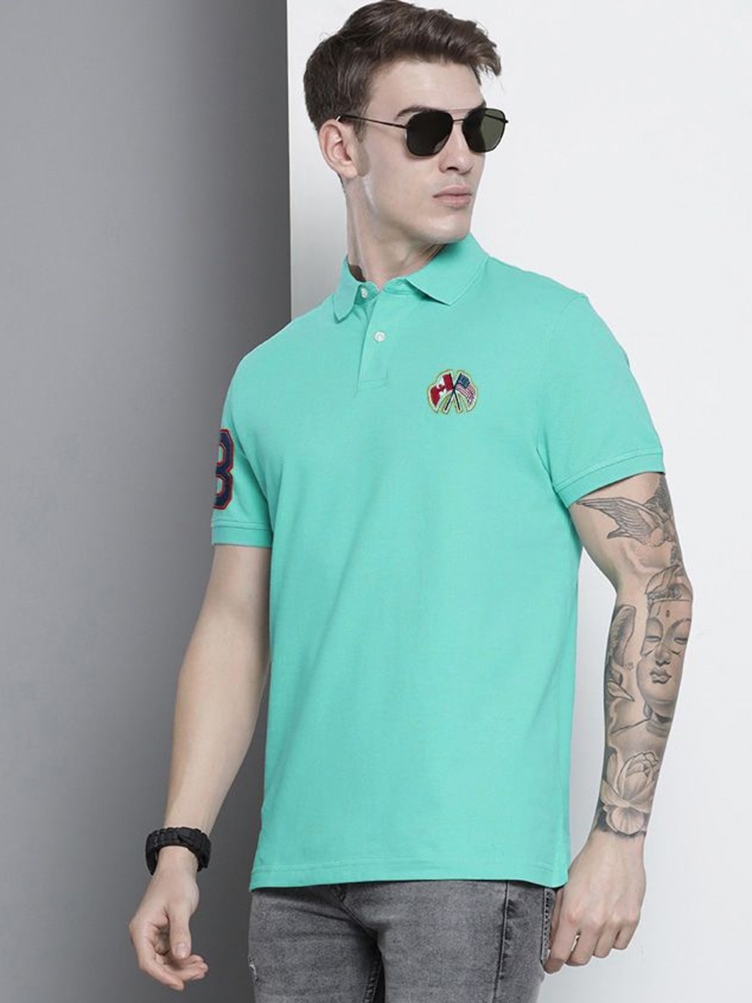 

MERRIMENT Men Solid Polo Collar Cotton T-shirt, Turquoise blue