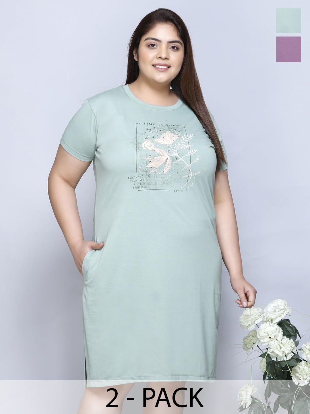 

IN Love Pack of 2 Women Plus Size Front Printed Cotton Nighty Chemise, Green