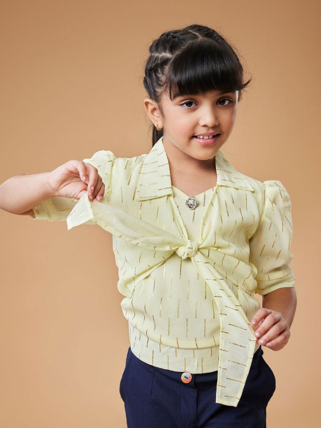 

MASTARANG Girls Rouched Sleeve And Collar With Tie Up At Hem Top, Yellow